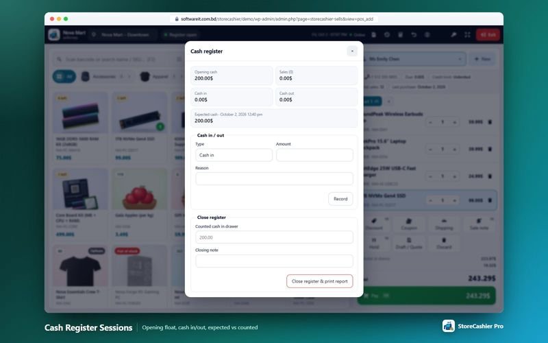 Cash register session dialog with opening float, cash in and out and expected cash