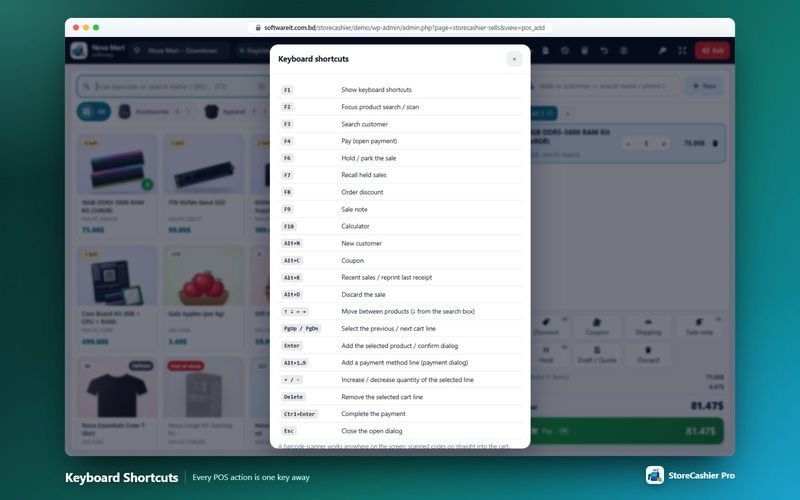 POS keyboard shortcut map with F1 to F10 and Alt shortcuts