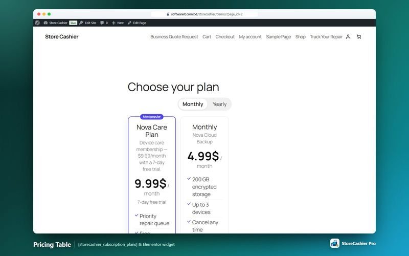 Subscription pricing table Elementor widget
