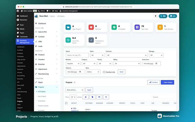Projects list with progress, budget, hours and profit