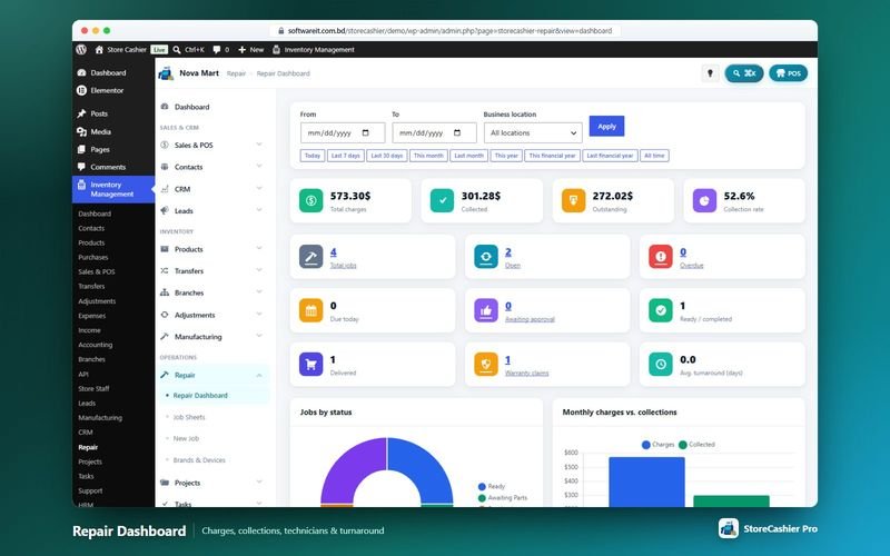 Repair dashboard with charges, outstanding balance and turnaround