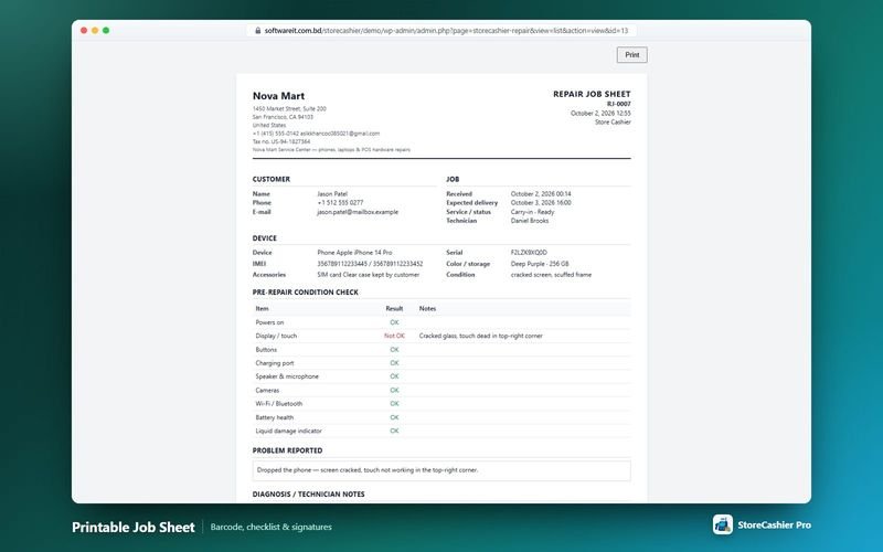 Printable repair job sheet with barcode