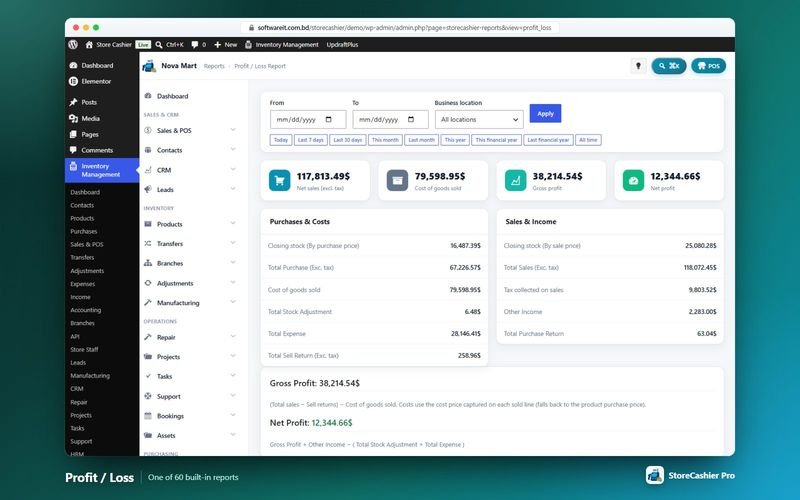 Profit and loss report with date range and location filter