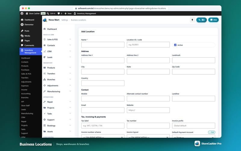 Business locations settings with invoice prefix and default account