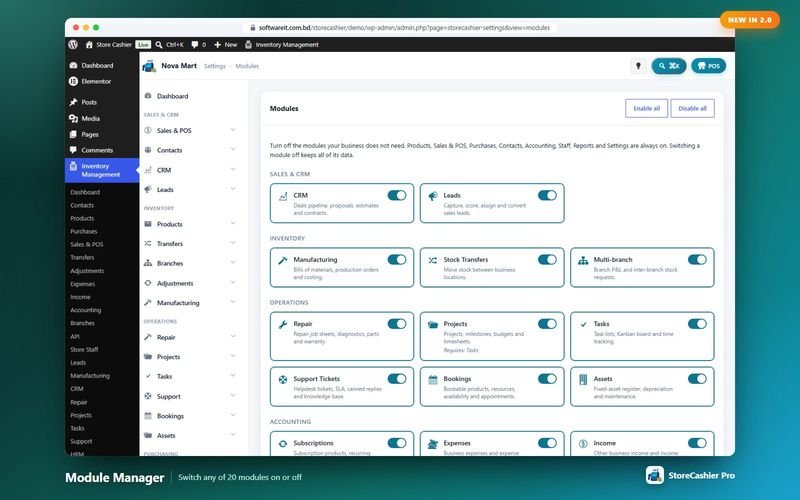 Module manager: switch any of 20 modules on or off