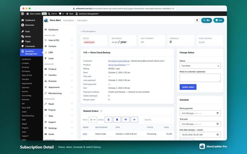 Subscription detail with status, next payment and related orders