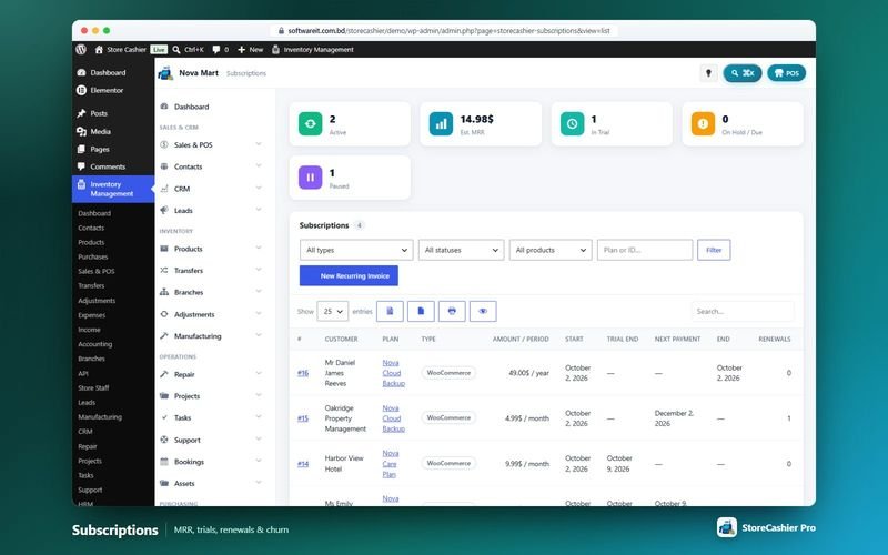 Subscriptions with MRR, trials and renewals