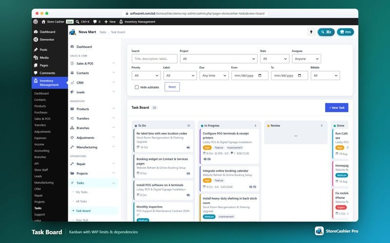 Task Kanban board with WIP limits and dependencies