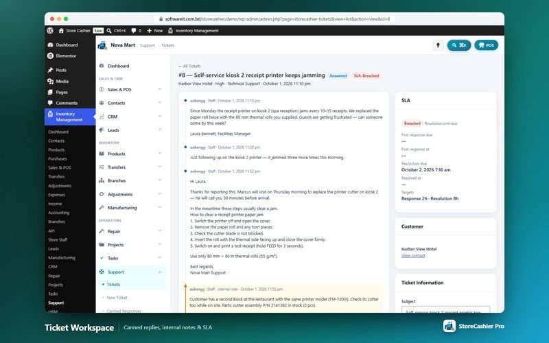 Support ticket conversation with SLA panel and canned replies