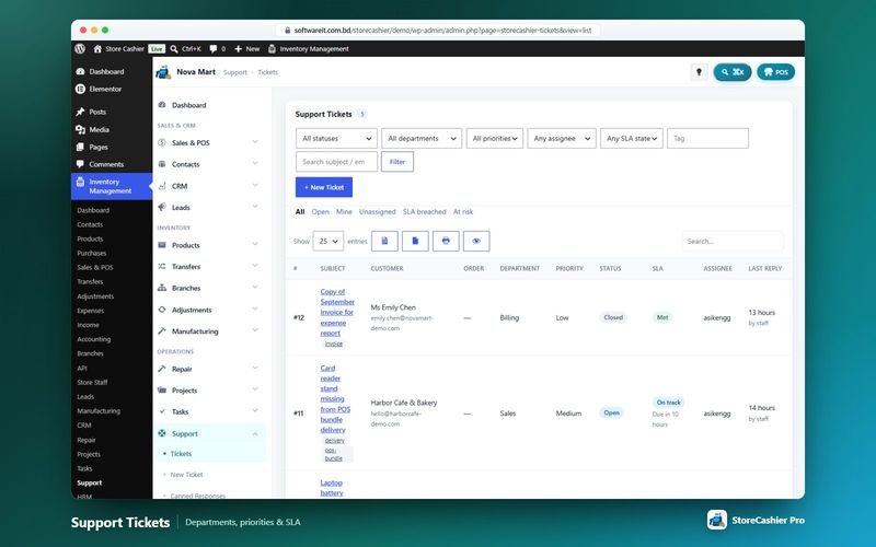 Support ticket queue with SLA state, priority and assignee