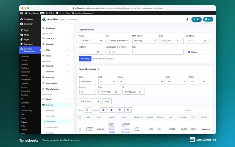 Timesheets with timers and approval workflow